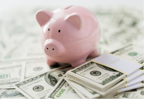 A piggy bank stands next to piles of money.